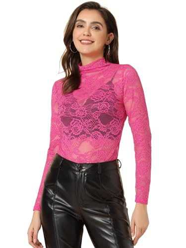 Allegra K Damen Langarm Durchsichtig Spitze Oberteil Stehkragen Mesh Blumen Lace Hochgeschlossene Top Bluse Rosenrot XL von Allegra K