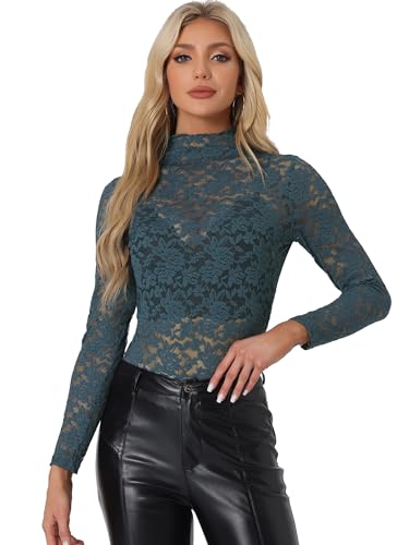 Allegra K Damen Langarm Durchsichtig Spitze Oberteil Stehkragen Mesh Blumen Lace Hochgeschlossene Top Bluse See Blau M von Allegra K