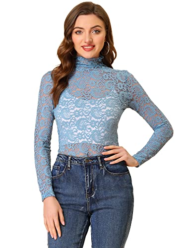 Allegra K Damen Langarm Durchsichtig Spitze Oberteil Stehkragen Mesh Blumen Lace Hochgeschlossene Top Bluse Staubiges Blau M von Allegra K