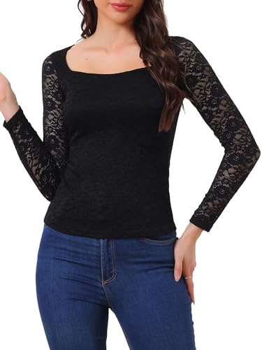 Allegra K Damen Langarm Durchsichtig Spitzenbluse Mesh Blumen Lace Elegantes Oberteil Schwarz M von Allegra K