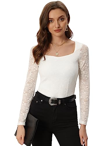 Allegra K Damen Langarm Durchsichtig Spitzenbluse Mesh Blumen Lace Elegantes Oberteil Weiß XL von Allegra K