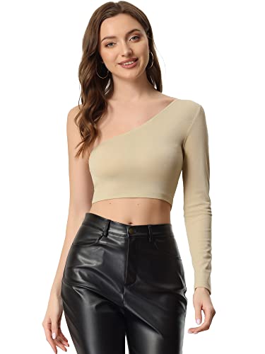 Allegra K Damen Langarm EIN-Schulter Party Clubwear Glänzend Glitter Crop Top Bluse Aprikose M von Allegra K