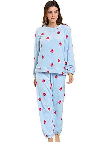 Allegra K Damen Langarm Flanell Muster Nachtwäsche Pyjama Erdbeere Blau M von Allegra K