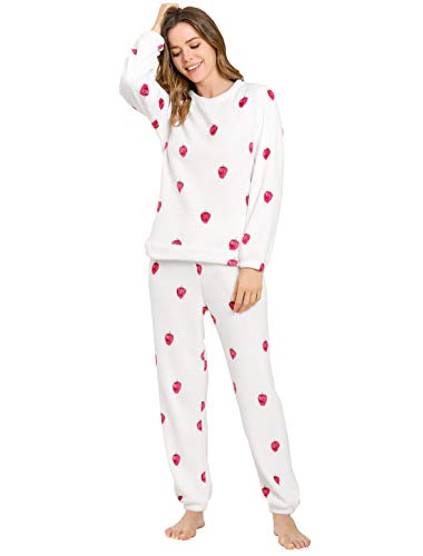 Allegra K Damen Langarm Flanell Muster Nachtwäsche Pyjama Erdbeere Weiß S von Allegra K