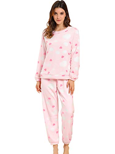 Allegra K Damen Langarm Flanell Muster Nachtwäsche Pyjama Herz Rosa XXL von Allegra K