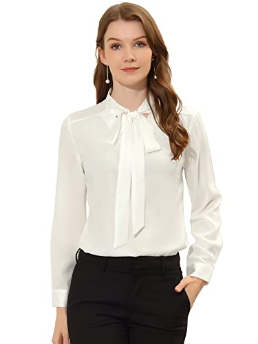 Allegra K Damen Langarm Fliege Hals Arbeit Büro Chiffon Bindegürtel Top Bluse Weiß L von Allegra K