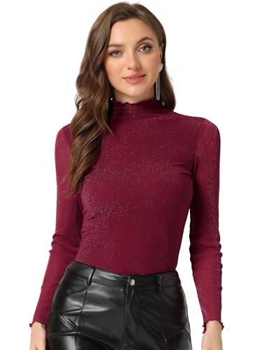 Allegra K Damen Langarm Glänzend Mesh Netzstoff Schmal Party Einfarbig Top Bluse Rot S von Allegra K