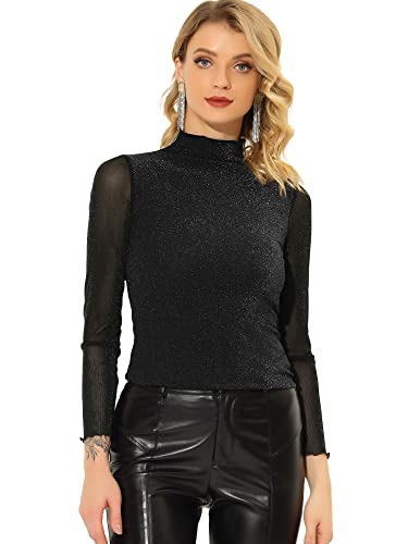 Allegra K Damen Langarm Glänzend Mesh Netzstoff Schmal Party Einfarbig Top Bluse Schwarz L von Allegra K