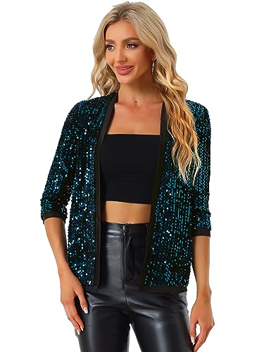 Allegra K Damen Langarm Glitzer Pailletten Party Club Offen Blazer Jacke Blau S von Allegra K