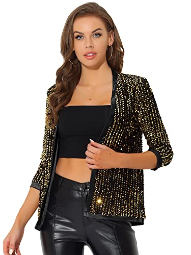 Allegra K Damen Langarm Glitzer Pailletten Party Club Offen Blazer Jacke Gold XS von Allegra K