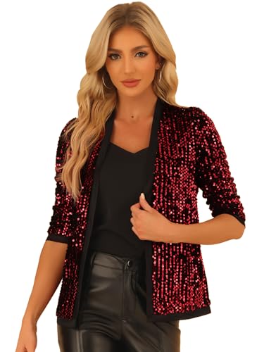 Allegra K Damen Langarm Glitzer Pailletten Party Club Offen Blazer Jacke Dunkelrot L von Allegra K