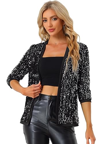 Allegra K Damen Langarm Glitzer Pailletten Party Club Offen Blazer Jacke Silber XL von Allegra K