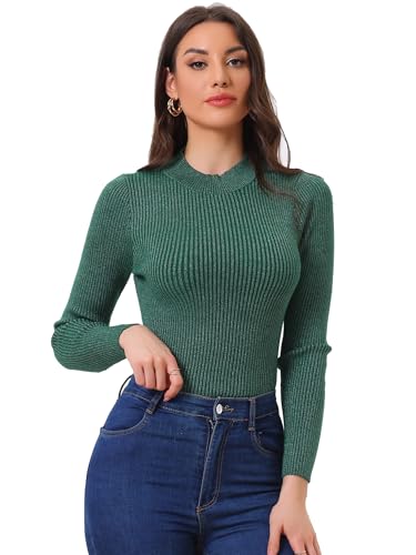 Allegra K Damen Langarm Glitzer Tops Stehkragen Rippstrick Top Slim Fit Basic Pullover Sweater Top, Dunkelgrün, Klein von Allegra K