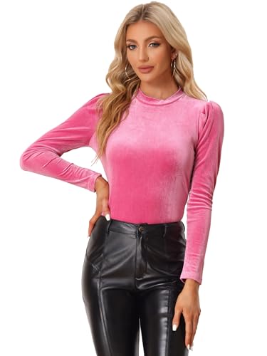 Allegra K Damen Langarm Kostüm Stehkragen Samt Metallic Glitzer Puffärmel Top Bluse Heiß Rosa L von Allegra K