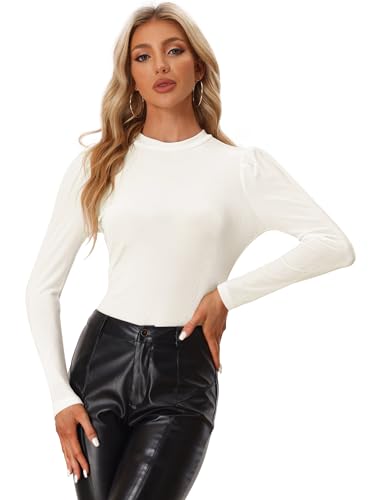 Allegra K Damen Langarm Stehkragen Samt Metallic Glitzer Puffärmel Top Bluse Weiß XS von Allegra K