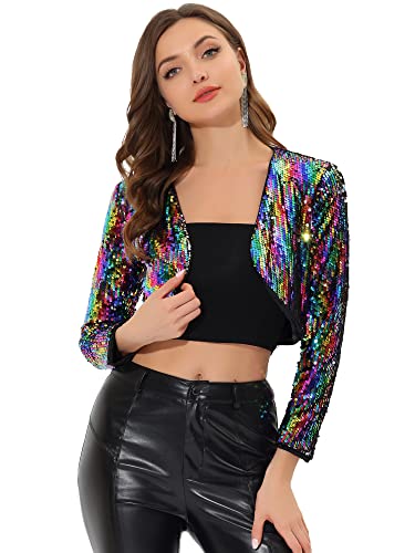 Allegra K Damen Glitzer Blazer Festliche Langarm Offen Pailletten Crop Jacke Mehrfarbig S von Allegra K