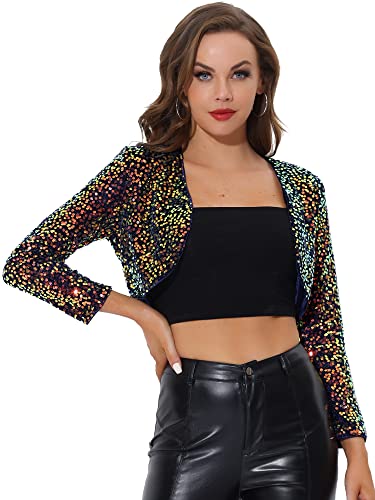 Allegra K Damen Glitzer Blazer Festliche Langarm Offen Pailletten Crop Jacke Metallisches Blau S von Allegra K