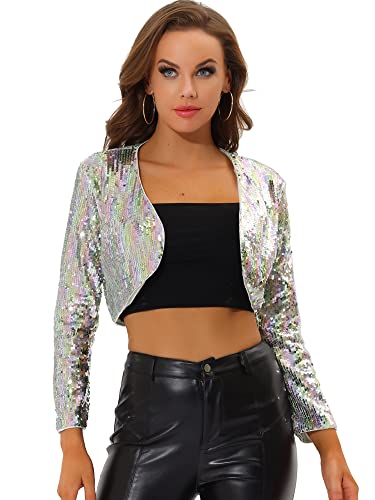 Allegra K Damen Glitzer Blazer Festliche Langarm Offen Pailletten Crop Jacke Pink Blau S von Allegra K