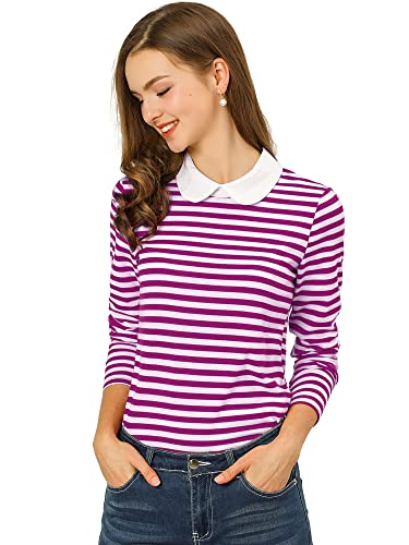 Allegra K Damen T-Shirt Langarm Bubikragen Colorblock Casual Weihnachts Streifen Top Bluse Aubergine XL von Allegra K