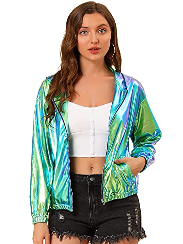 Allegra K Damen Bluson Langarm Metallic Jacke Holographic Party Reißverschluss Kapuzenjacke Blau Grün XS von Allegra K