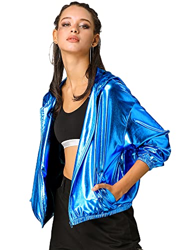 Allegra K Damen Bluson Langarm Metallic Jacke Holographic Party Reißverschluss Kapuzenjacke Blau L von Allegra K