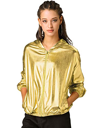 Allegra K Damen Bluson Langarm Metallic Jacke Holographic Party Reißverschluss Kapuzenjacke Gold M von Allegra K