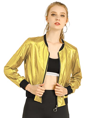 Allegra K Damen Reißverschluss Blouson Langarm Party Leicht Streifen Bomberjacke Metallic Jacke Gold M von Allegra K