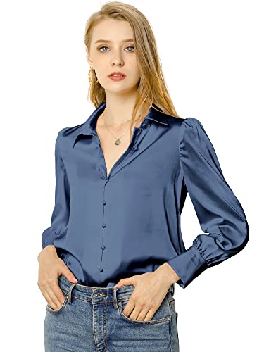 Allegra K Damen Satin Bluse Puffärmel Spitzkragen Vintage Button Up Shirt TopsBlau Grau S von Allegra K