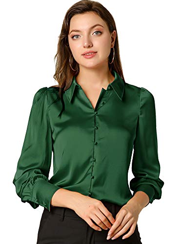 Allegra K Damen Satin Bluse Stehkragen Knopfleiste Langarm Elegant Shirt Grün S von Allegra K