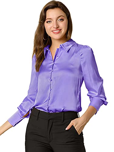 Allegra K Damen Satin Bluse Puffärmel Spitzkragen Vintage Button Up Shirt TopsLila XL von Allegra K