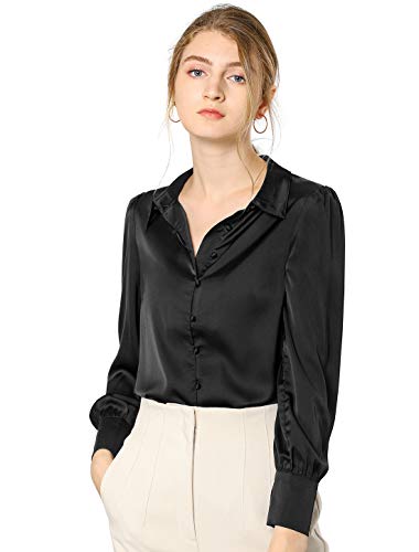 Allegra K Damen Satin Bluse Stehkragen Knopfleiste Langarm Elegant Shirt Schwarz S von Allegra K