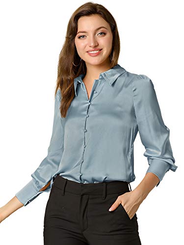 Allegra K Damen Satin Bluse Stehkragen Knopfleiste Langarm Elegant Shirt Staubiges Blau M von Allegra K