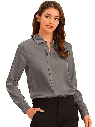 Allegra K Damen Satin Bluse Langarm Hemdkragen V-Ausschnitt Shirt Elegant Top Grau M von Allegra K