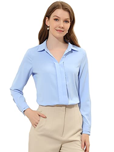 Allegra K Damen Satin Bluse Langarm Hemdkragen V-Ausschnitt Shirt Elegant Top Hellblaue L von Allegra K