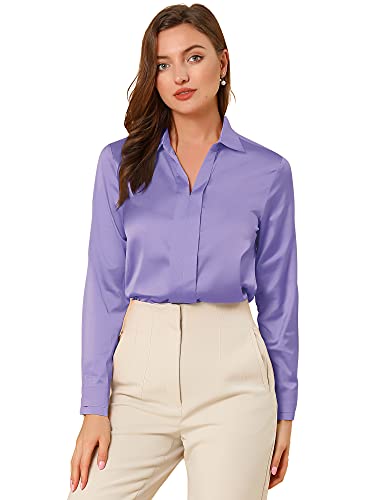 Allegra K Damen Satin Bluse Langarm Hemdkragen V-Ausschnitt Shirt Elegant Top Lila L von Allegra K