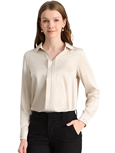 Allegra K Damen Satin Bluse Langarm Hemdkragen V-Ausschnitt Elegant Business Shirt Aprikose L von Allegra K