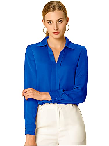 Allegra K Damen Satin Bluse Langarm Hemdkragen V-Ausschnitt Elegant Business Shirt Königsblau M von Allegra K