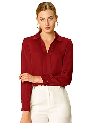 Allegra K Damen Satin Bluse Langarm Hemdkragen V-Ausschnitt Shirt Elegant Top Rote S von Allegra K