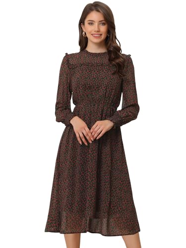 Allegra K Damen Langarm Hohe Taille Rüschenbesatz Blumen Midikleid Lässiges Kleid Schwarz M von Allegra K