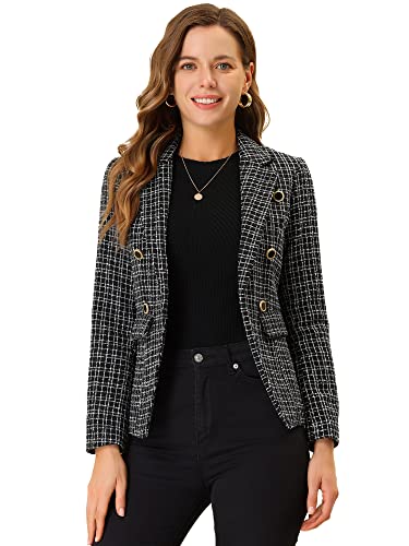 Allegra K Damen Langarm Kariert Blazer Office Revers Offen Vorderseite Elegant Jacke Schwarz XS von Allegra K