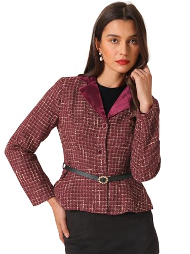 Allegra K Damen Langarm Kariert Tweed Blazer Vintage Gekerbt Kragen Büro Gürtel Jacke Weinrot M von Allegra K