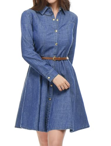 Allegra K Damen Langarm Knopfleiste Jeanskleid Kleid Blau S von Allegra K