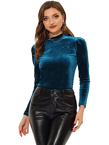 Allegra K Damen Langarm Kostüm Stehkragen Samt Metallic Glitzer Puffärmel Top Bluse Pfauenblau 3XL von Allegra K