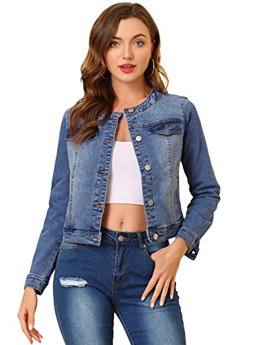 Allegra K Damen Langarm Kragenlos Knopfleiste Jeansjacke Denim Jacke Blau XS von Allegra K