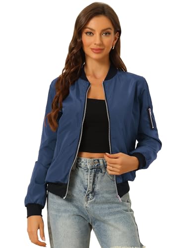 Allegra K Damen Langarm Kragenlos Reißverschluss Windbreaker Bomberjacke Jacke Dunkelblau S von Allegra K