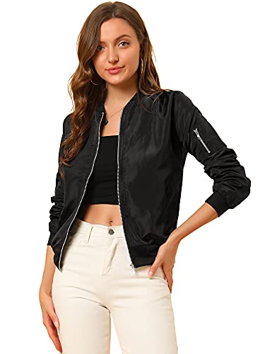 Allegra K Damen Langarm Kragenlos Reißverschluss Windbreaker Bomberjacke Jacke Schwarz S von Allegra K