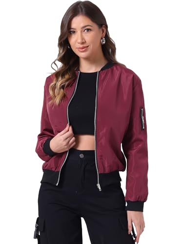 Allegra K Damen Windbreaker Oberbekleidung mit Taschen Freizeitmantel Bomberjacke mit ReißverschlussWeinrot M von Allegra K