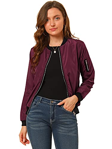 Allegra K Damen Langarm Kragenlos Reißverschluss Windbreaker Bomberjacke Jacke Weinrot XL von Allegra K