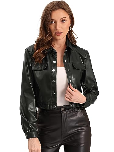 Allegra K Damen Kunstleder Jacke Langarm Kurz Geschnittene Knopfleiste vorne Moto Jacke Schwarz XL von Allegra K