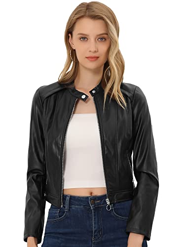 Allegra K Damen Langarm Kunstleder Modischer Front Reißverschluss Kurz Jacke Schwarz L von Allegra K